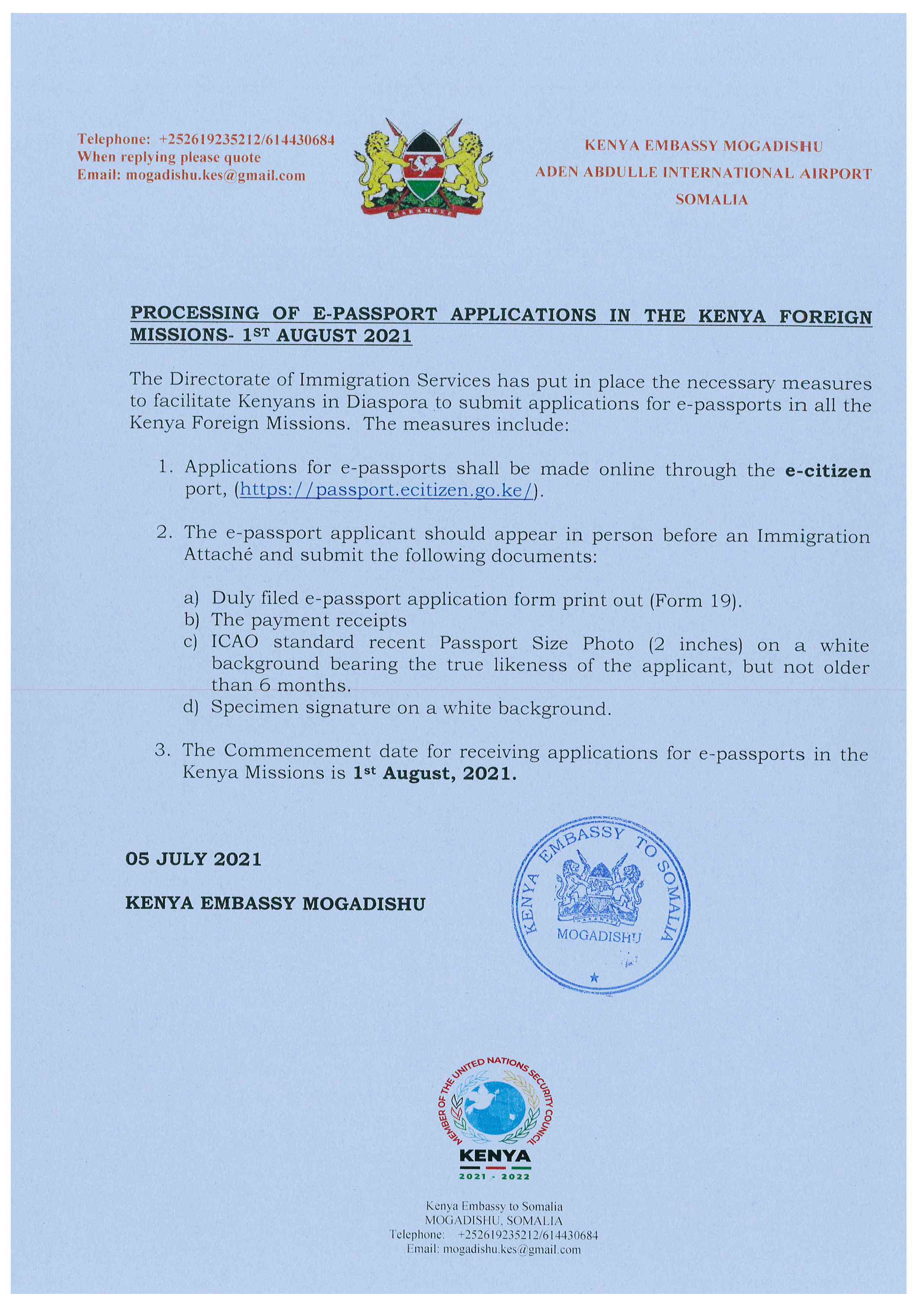 PROCESSING OF E-PASSPORT APPLICATIONS – Kenya Embassy in Somalia